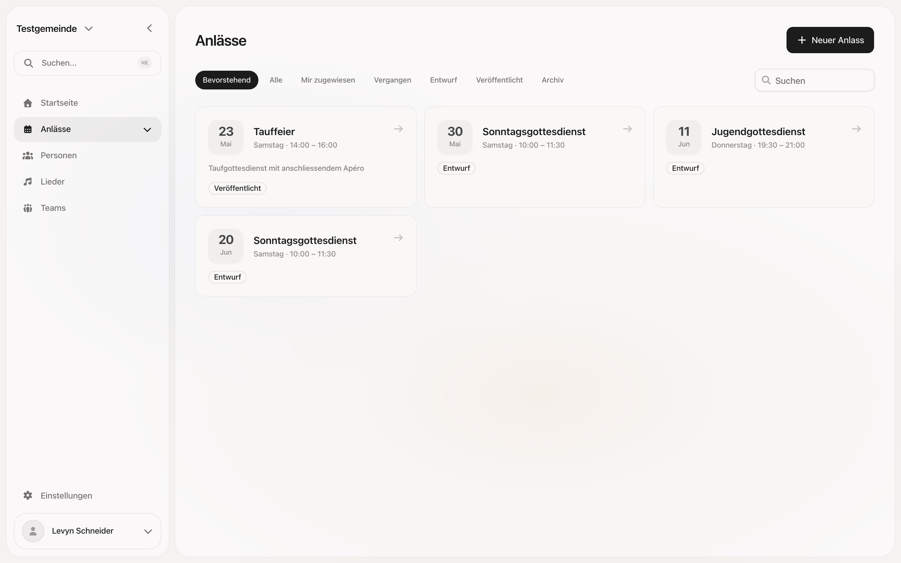 Anlässe in iglesio mit Templates, Songs und Veröffentlichungs-Status